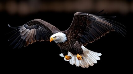 Naklejka premium Majestic Bald Eagle Soaring Gracefully with Outstretched Wings Against Dark Background