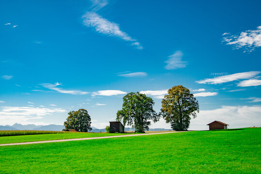 Rural landscape in Bavaria with green fields, plowed soil, farmhouse and distant mountains under blue sky

