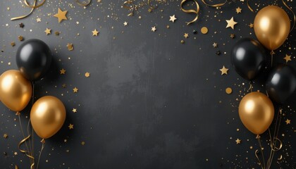 Elegant celebration with gold and black balloons on dark background