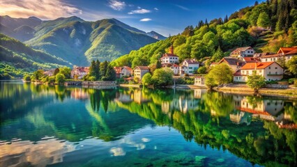 Fototapeta premium Serene Lakeside Village Nestled Amongst Lush Green Mountains at Sunrise