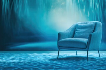 Fototapeta premium A single blue armchair sits in a serene, dimly lit room with a blue textured carpet and wall.