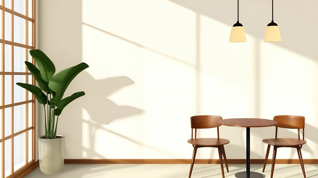 Decluttering tips concept. Bright, modern interior with a table, two chairs, and a potted plant casting shadows.
