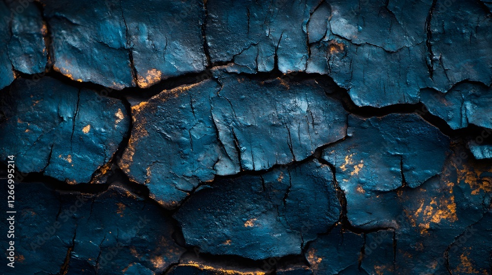 Poster intricate cracked texture in deep blue and gold tones. abstract art capturing detail and contrast. g