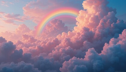 Vibrant rainbow arching over fluffy pink and purple clouds at sunset