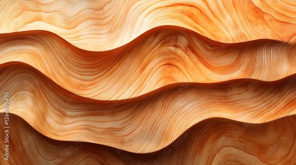 Poster Abstract image of undulating wooden waves. Warm tones and smooth curves create a visually appealing texture. Grained surface detailed texture background. Abstract Wooden Waves