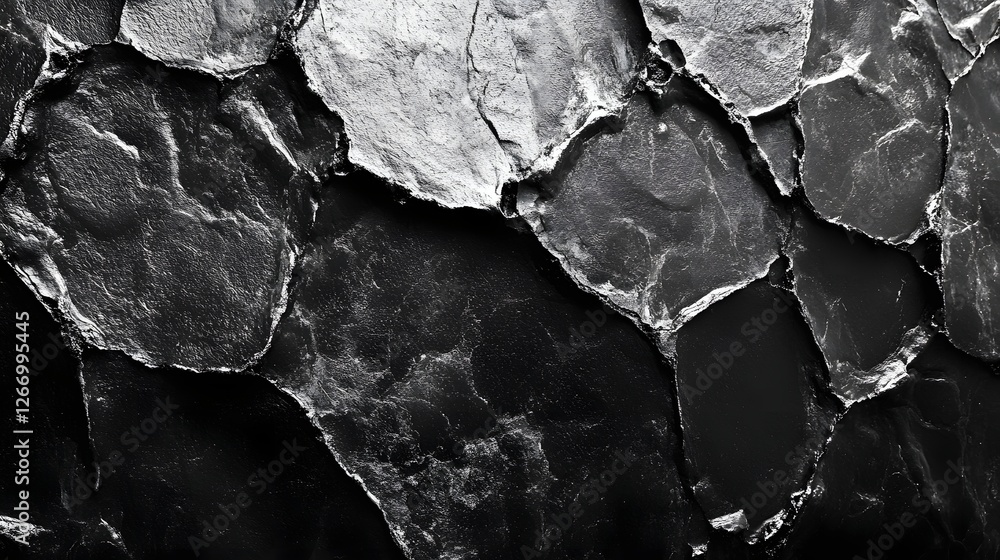 Poster a captivating close-up of a black and white stone texture, showcasing the intricate details of a cra