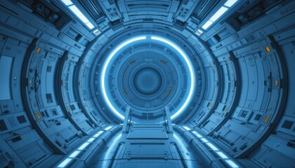 Futuristic sci-fi space station interior with circular design and blue lighting