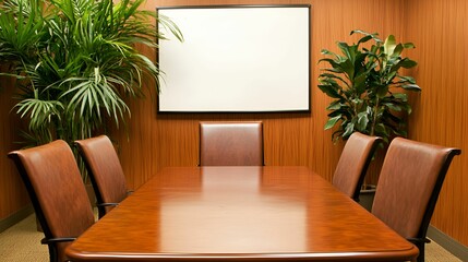 Decluttering tips concept. Conference room with a wooden table, chairs, plants, and a blank presentation screen.