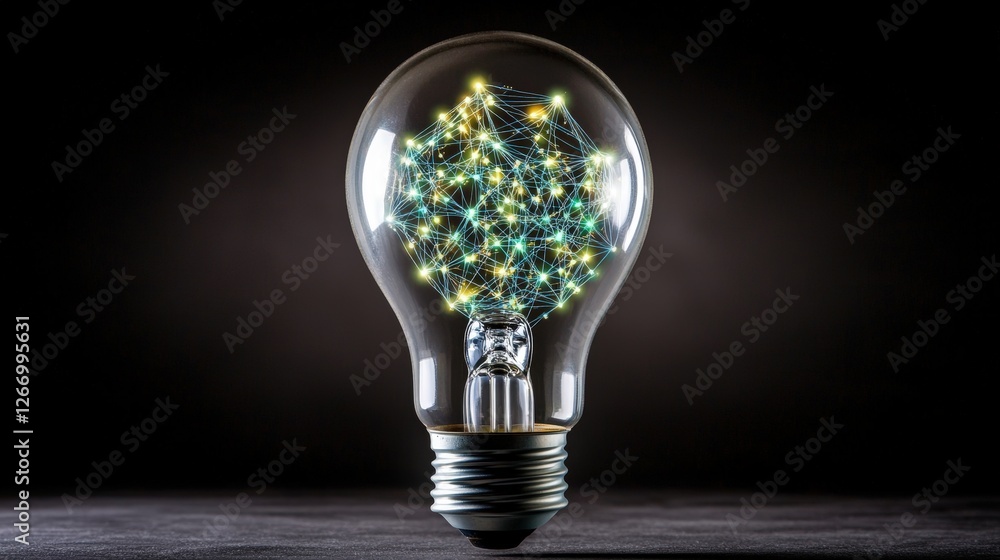 Poster light bulb glowing with digital network design inside representing technology and innovation concept