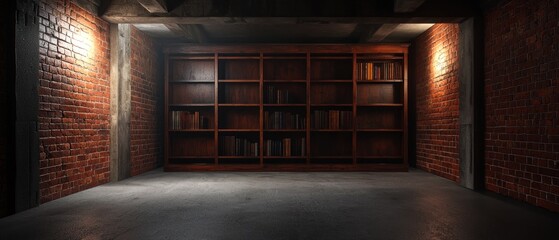 Empty Basement Library Bookshelf, Brick Walls, Dim Light