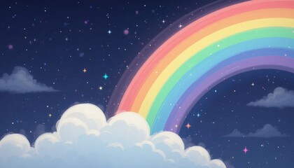 Colorful rainbow over cloudy night sky with stars and twinkling lights