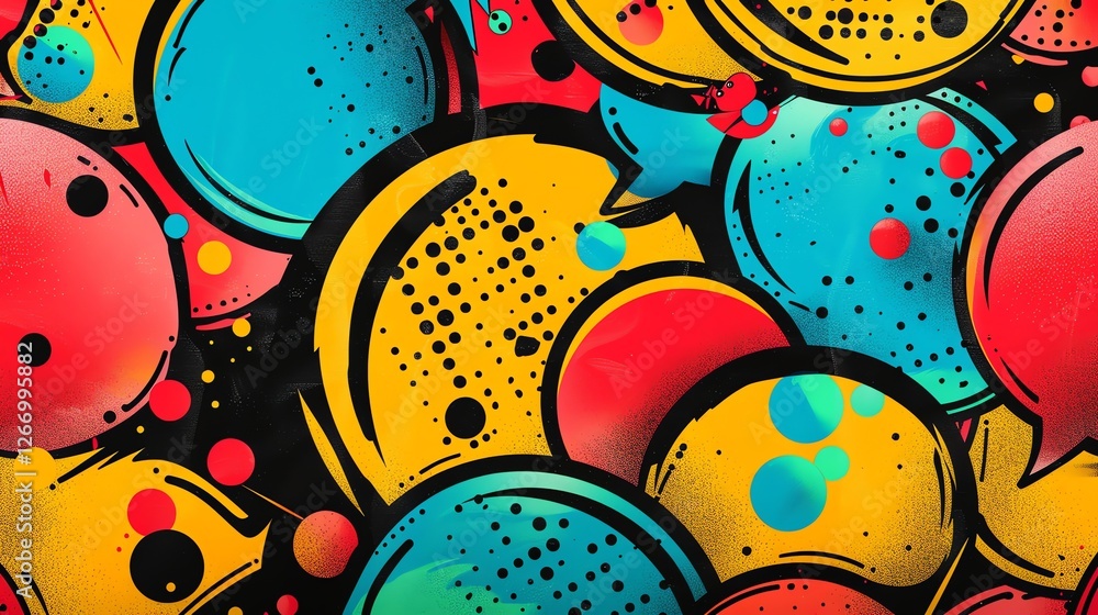 Poster a colorful abstract pattern of circles and dots on a black background.