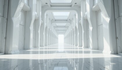 Futuristic white marble corridor with symmetrical archways and natural light