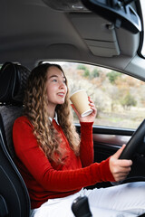 Beautiful smiling young woman with long wavy hair in casual wear sitting behind steering wheel in...
