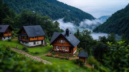 Serene Mountain Cabins Surrounded by Lush Greenery and Misty Valleys in Tranquil Landscape