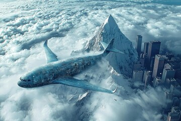 Fototapeta premium Airplane Soaring Above Majestic Mountain and Cityscape in a Sea of Clouds