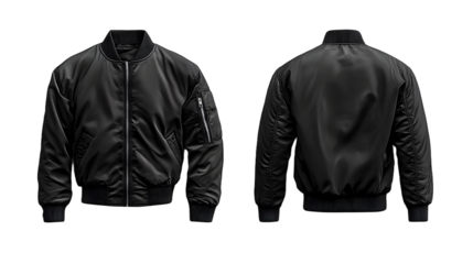 Black men's bomber jacket mockup, front and back view, isolated on white