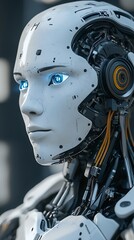 Fototapeta premium sci humanoid robot closeup detailed design glowing eyes image