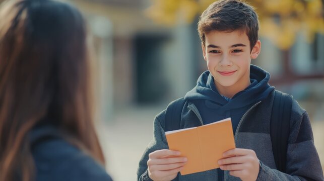 A teenage boy nervously handing a love letter to his crush in a school hallway. highlights young romance, first love, and the courage to express emotions