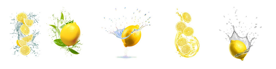 Set of falling lemons in splashes of water or juice isolated on a transparent background.