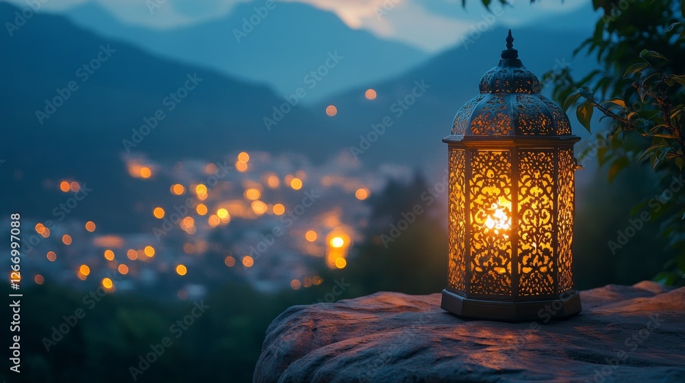 Poster A beautifully designed lantern with intricate patterns glows warmly against the dusky backdrop. The serene mountains cradle a village shimmering with soft lights, evoking the spirit of Ramadan