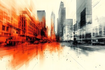 Abstract cityscape with blurred skyscrapers and vibrant orange hues depicting urban energy