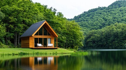 Obraz premium Serene Wooden Cabin by Tranquil Lake Surrounded by Lush Green Forest Mountains