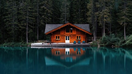 Fototapeta premium Tranquil Wooden Cabin Reflected in Serene Blue Lake Surrounded by Lush Green Forest
