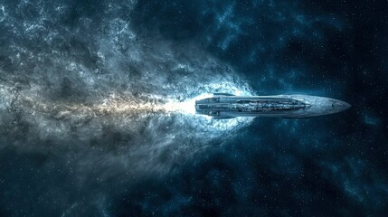 Fototapeta premium Futuristic Spaceship Warp Speed Through Nebula in Deep Space