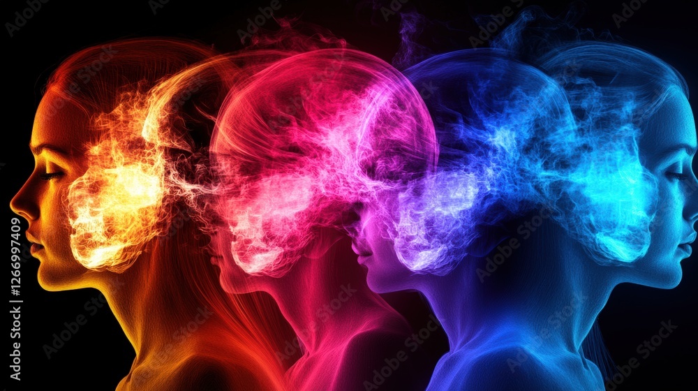Poster long exposure photograph of three people with heads in the same color creating a striking visual eff
