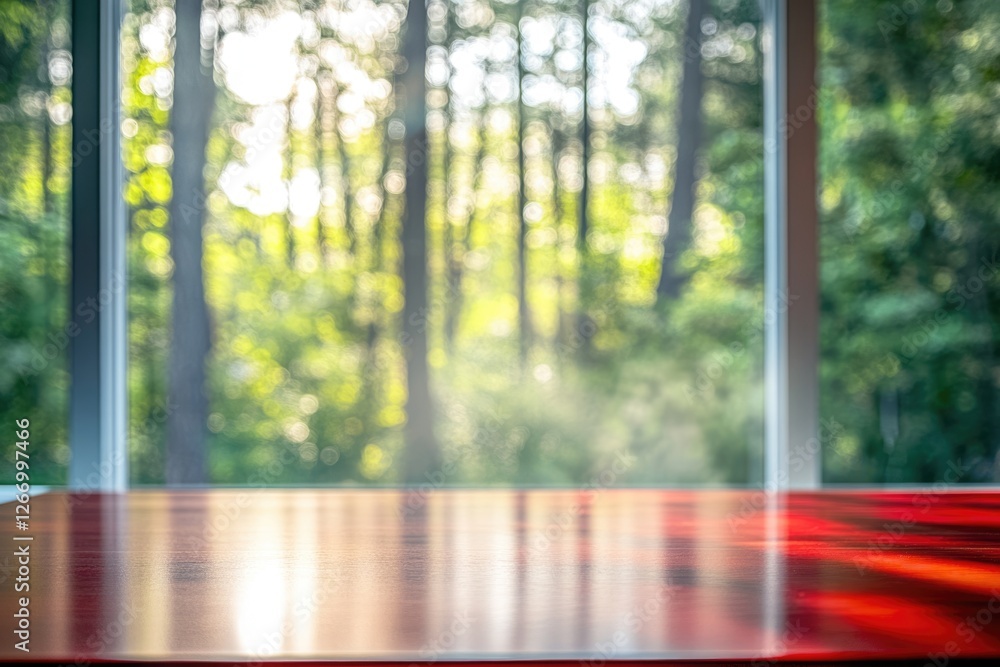 Poster reflective red table surface against a blurred forest backdrop through a window, showcasing sunlight