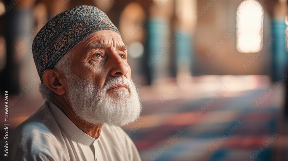Poster a muslim man gazes thoughtfully while seated in a beautifully adorned mosque. the soft light filters