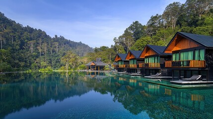 Serene Eco-Friendly Lakeside Cottages Surrounded by Lush Green Mountains and Clear Water