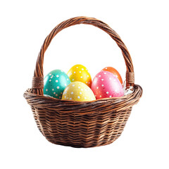 colorful easter eggs with wicker basket isolated on white or transparent background