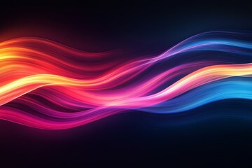 Vibrant abstract waves of light in red, pink, orange, and blue tones on a dark background. Dynamic motion, energy flow, and futuristic design concept.