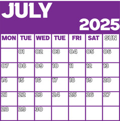 july 2025 Calendar. month start on tuesday. Calendar Template. Fits Letter Size Page. Stationery Design. Simple set calendar 2025. Monthly calendar template. Planner for 2025 year vector editable