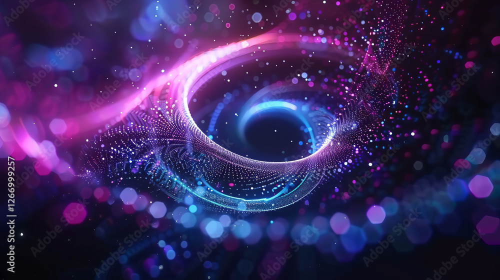 Poster cosmic swirl: a mesmerizing abstract swirl of vibrant blue and pink hues dances across a dark backgr