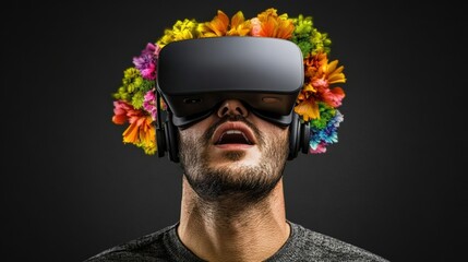 Man wearing flower crown and virtual reality headset exploring a surreal digital world