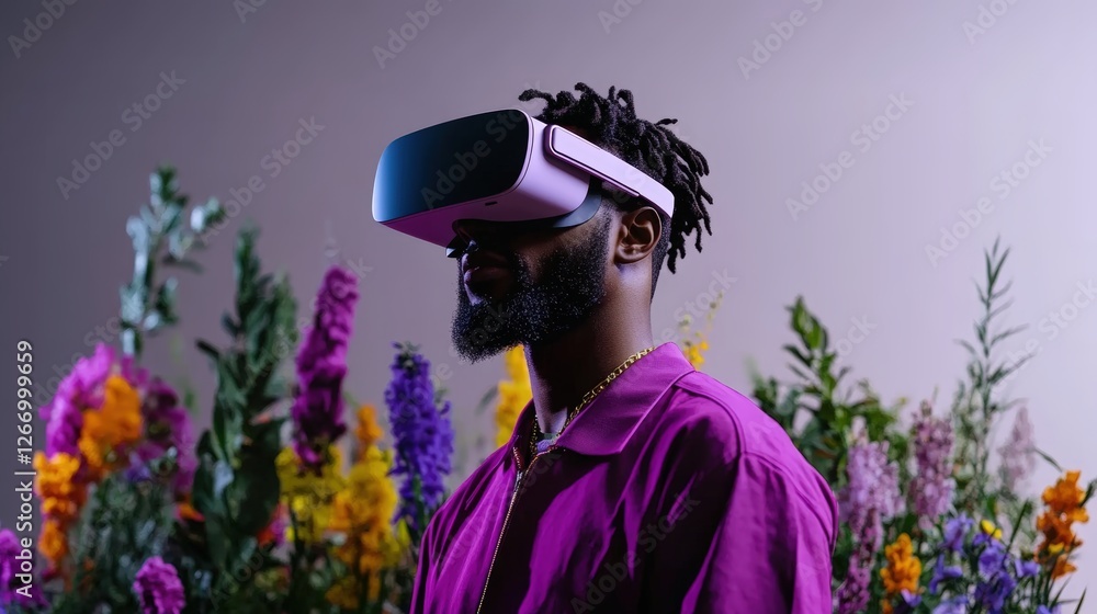 Poster man wearing virtual reality headset exploring surreal digital environment in high fidelity immersive