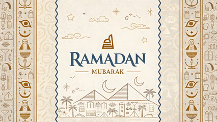 This image features a "Ramadan Mubarak" greeting with Egyptian-themed illustrations and design elements. a banner for Ramadan Mubarak 2025 (Ai generated)