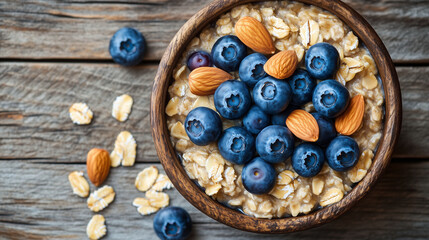 A comforting bowl of oatmeal porridge with blueberries and almonds, beautifully arranged on a wooden table, ideal for a healthy breakfast.






