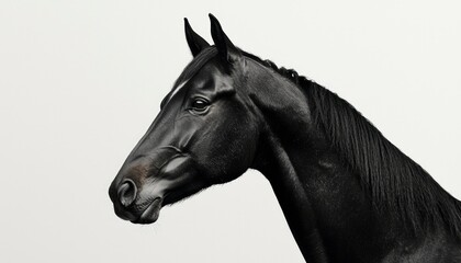 Elegant black horse portrait in profile with white background for ads