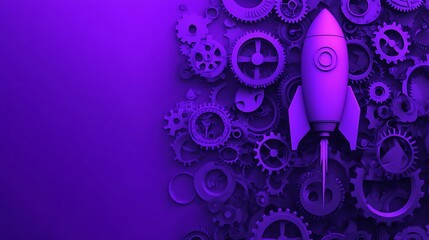 A rocket and interlocking gears on a vivid purple background represent creativity, collaboration, and the spirit of startups and entrepreneurship.