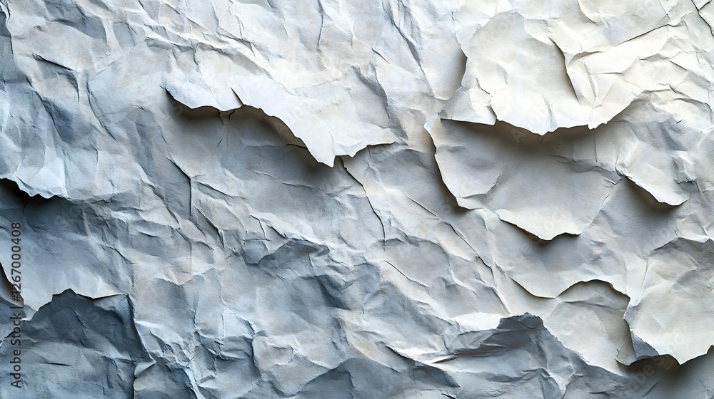 Poster close-up of a crumpled piece of paper showcasing a captivating abstract texture and shades of gray. 