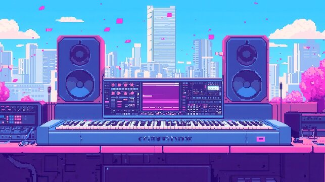 Chiptune-inspired artwork, vibrant colors and retro gaming motifs blend to create a nostalgic visual experience, celebrating the charm of pixel art and electronic soundscapes.