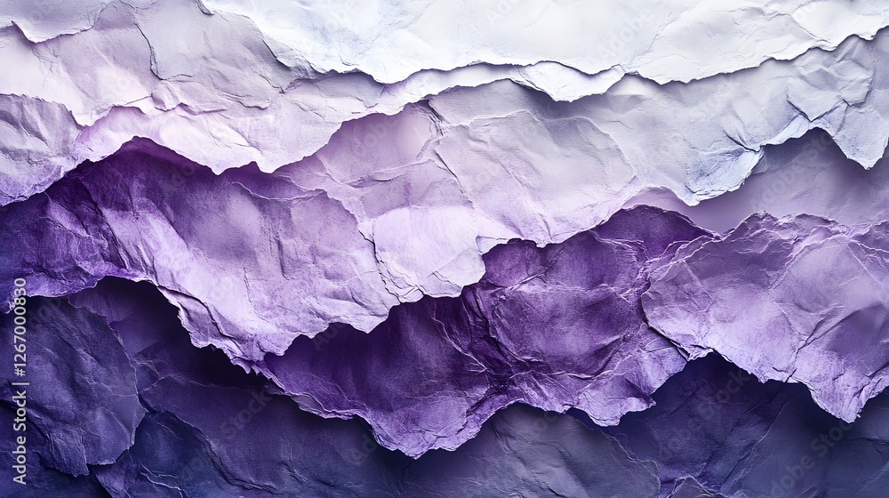 Poster Crumpled paper art resembling a mountain range. Purple hues dominate, creating a unique visual texture. Grainy Paper detailed texture background. Abstract Purple Mountain Range