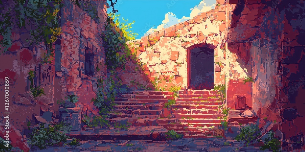 Poster chunky pixel art texture, vibrant colors blend with bold shapes, creating an abstract design that ev