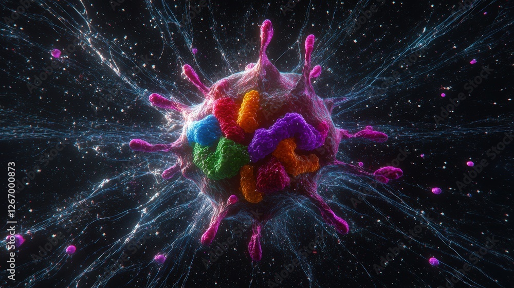 Poster colorful liquid sphere floating in space with a microscopic view of a human virus attacking cells