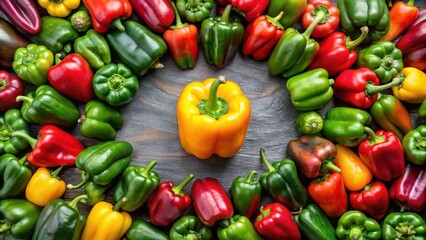 A vibrant arrangement of colorful bell peppers in red, green, and yellow hues, forming a captivating circular pattern on a dark wooden surface.