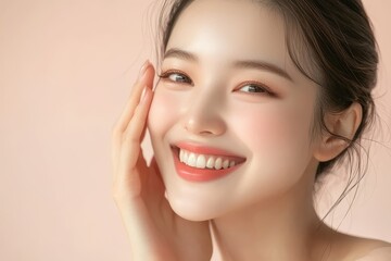 Fototapeta premium A beautiful Asian woman gently touches her face, emphasizing her radiant complexion. 